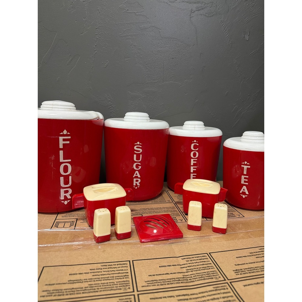 Vintage Lustro Ware Red Plastic Canister Set 11pc Flour Sugar Coffee Tea Retro